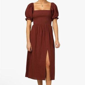 Burgundy R.Vivimos Summer Puff Sleeves Off-Shoulder Boho Side Slit Midi Dress